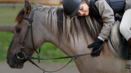 Ein Mädchen kuschelt mit einem grauen Pferd, wirkt entspannt und glücklich während des Ausritts.
